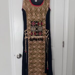 Brown and Blue Sleeveless Sheath Maxi Dress